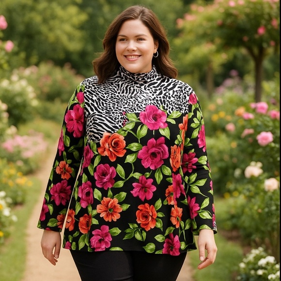 SUSAN GRAVER Liquid Knit Mock Neck Top Long Sleeve Mixed Print Stretchy Black 1X - Picture 10 of 10